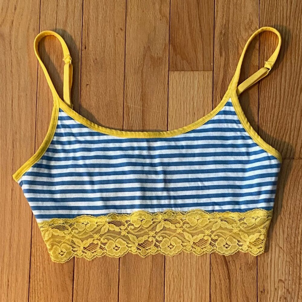 PACT Organic Cotton Soft Bralette Bright Blue with Yellow Stripes Size Med